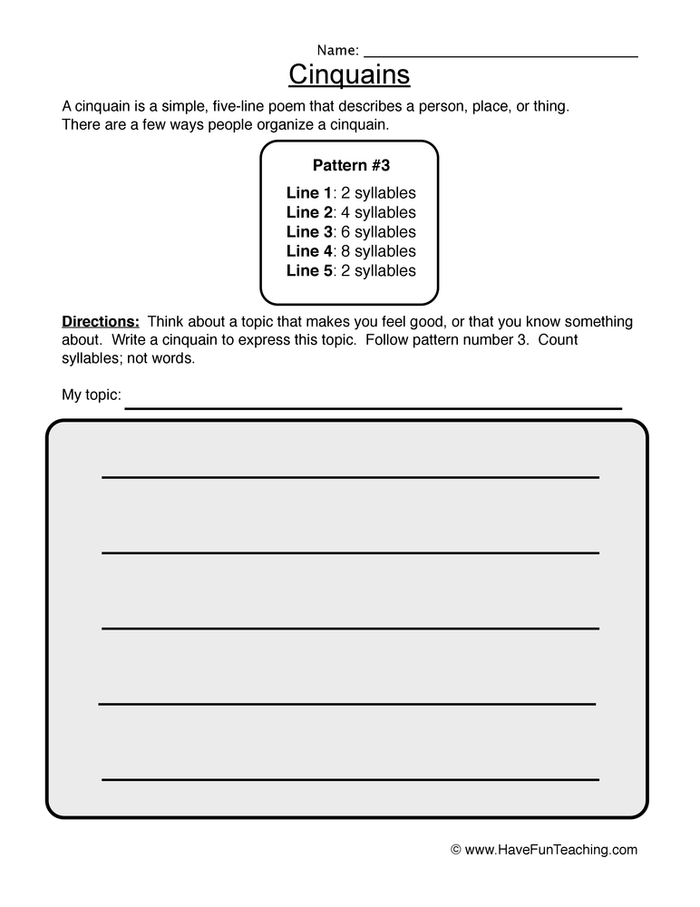 Cinquain Worksheet - Pattern 3 teaching resource preview