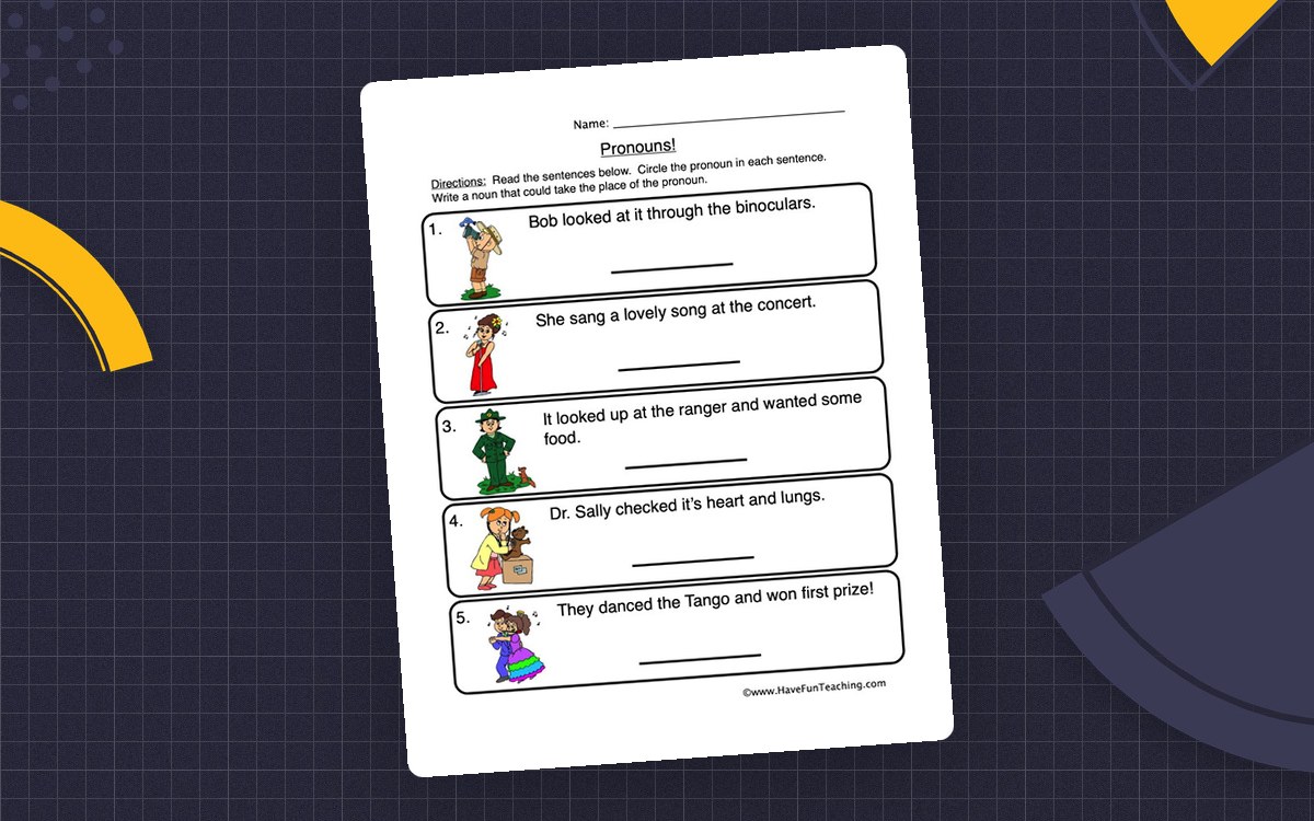 Pronouns worksheet with six illustrated sentences where students circle each pronoun and write a noun it could replace.