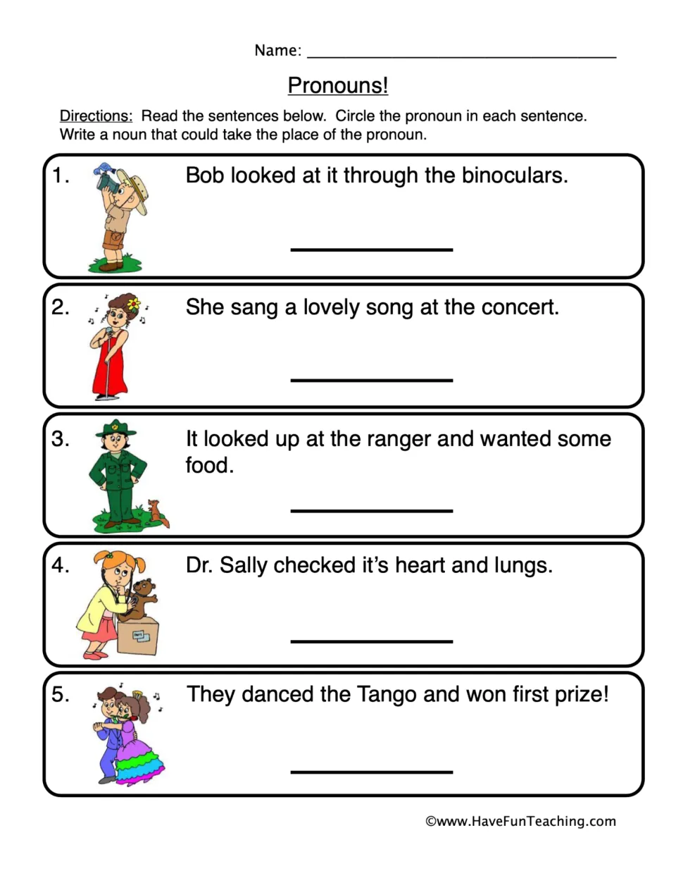 Pronouns: students circle the pronoun in 5 illustrated sentences and write a noun that could replace each one