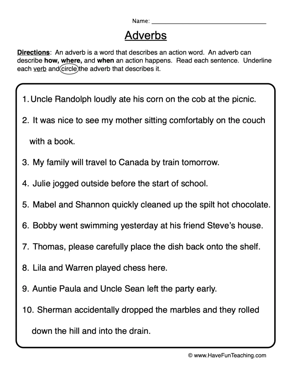 Adverb practice: 10 sentences to underline verbs and circle adverbs, including loudly, tomorrow, and early.