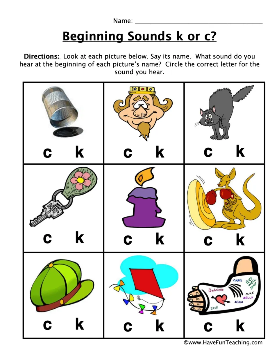 Beginning sounds k or c: students say each picture's name, such as can, king, cat, key and kite, and circle c or k