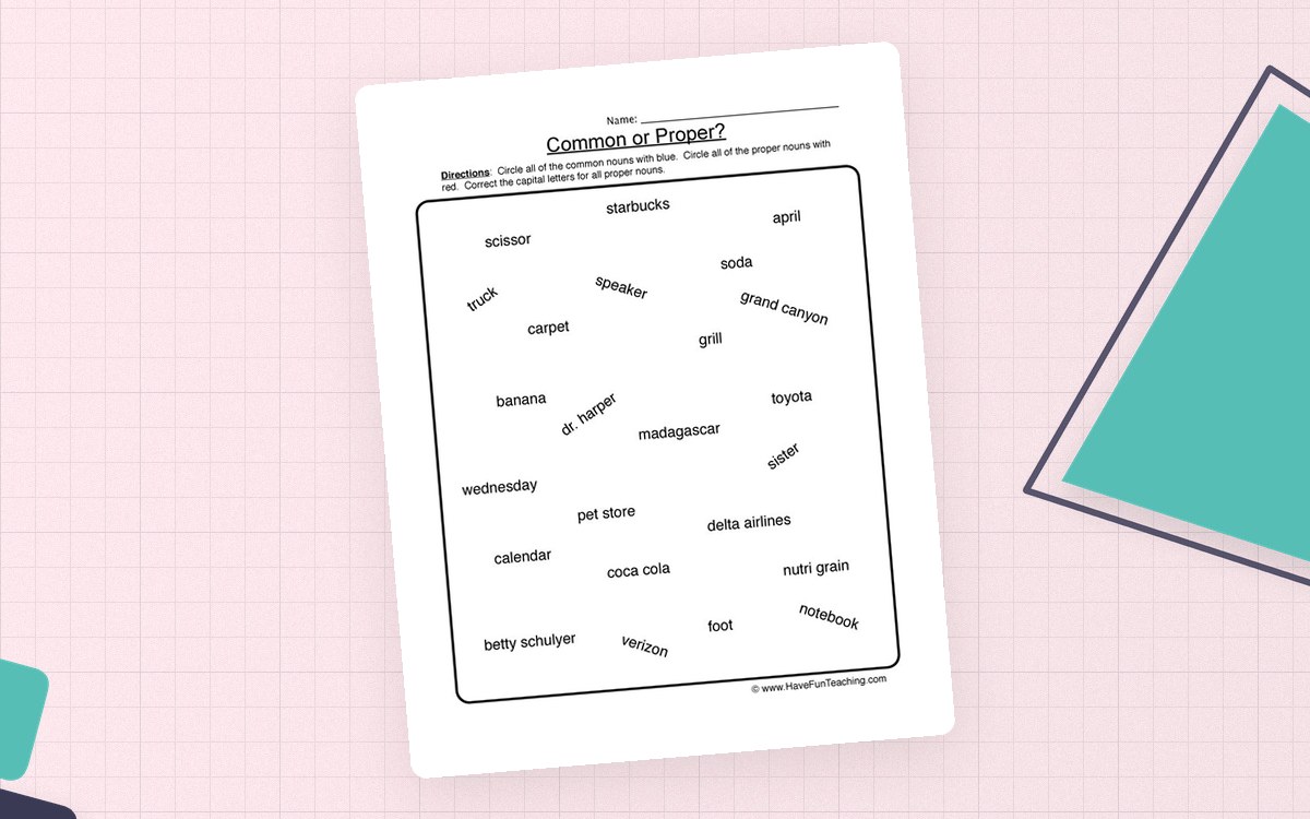 Common or Proper worksheet with a scattered noun field, two-color circling directions, and a capitalization reminder.