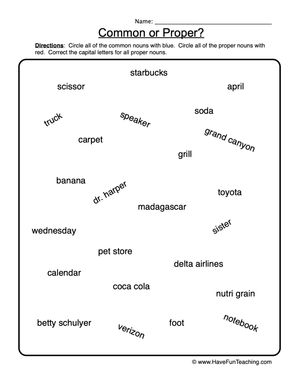 Common or Proper? Students circle common nouns in blue, proper nouns in red, and fix capitals in words like april, toyota