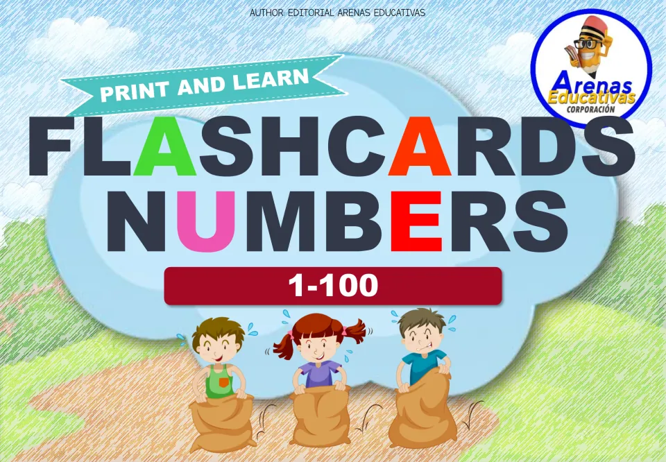 Flashcards Numbers 1-100 cover by Editorial Arenas Educativas, marked Print and Learn, with three children in a sack race