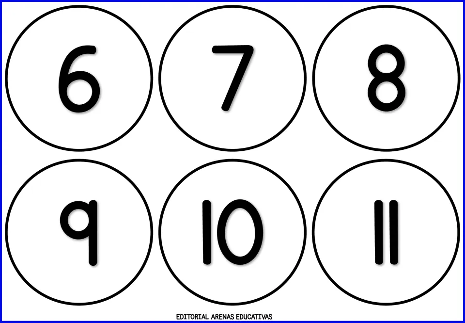 Numerals 6 through 11 on round cut-out cards, including the first two-digit numbers 10 and 11, for number recognition