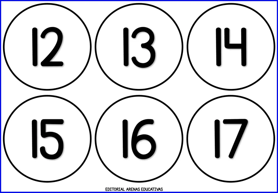 Teen numbers 12 to 17 printed large on six round cards so students can read and sequence numbers past twelve