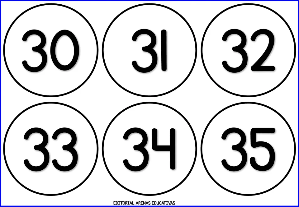 Thirties set, 30 to 35: six round numeral cards for recognizing two-digit numbers and saying them in sequence