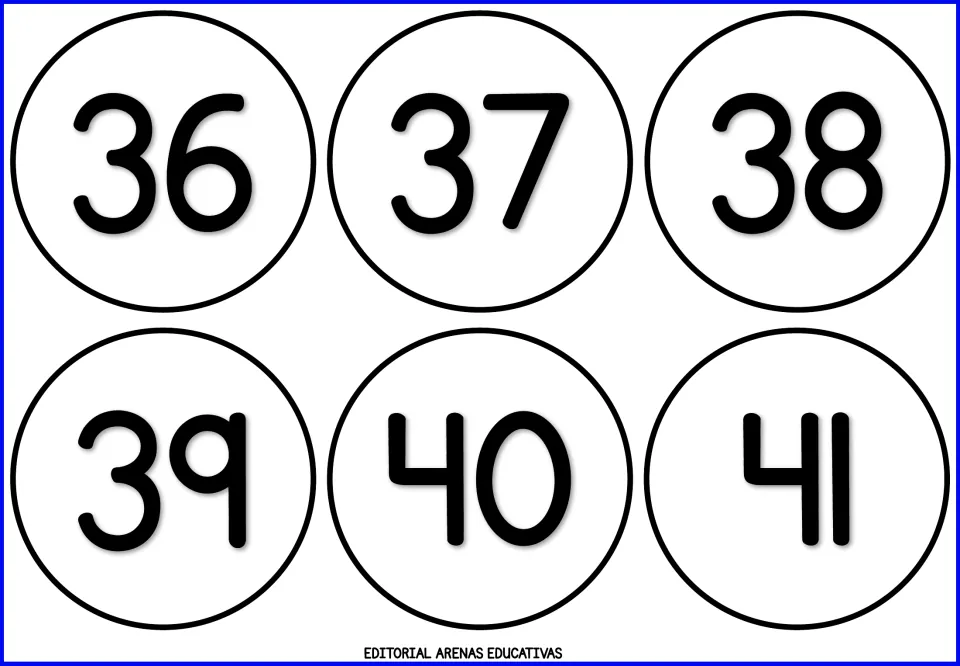 Numerals 36 to 41 across six round cards, crossing from the thirties into the forties for decade-change counting