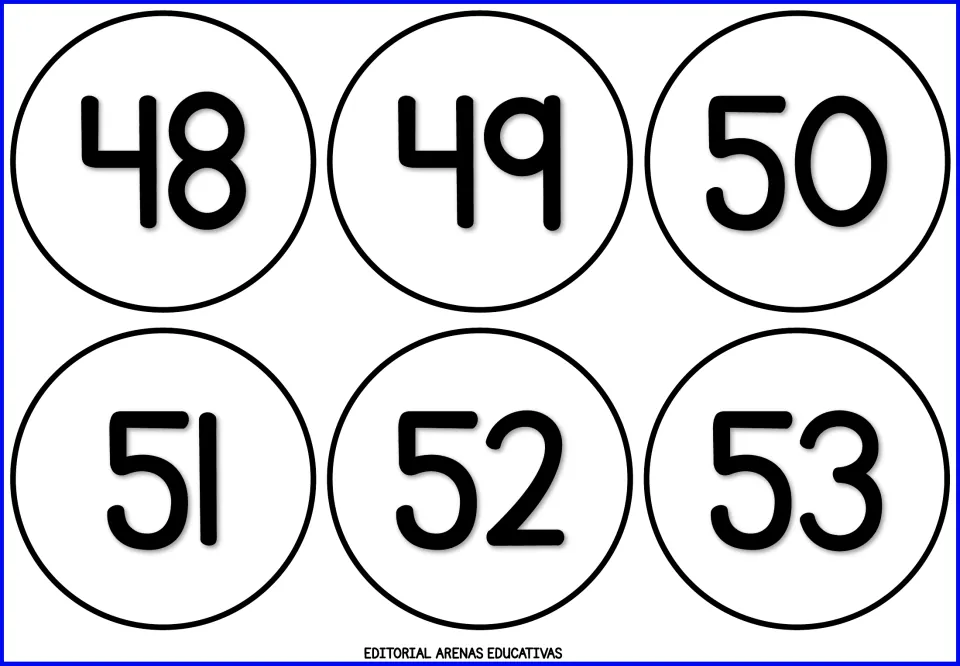 Numbers 48 to 53 on six round cards, bridging the forties and fifties, for naming numbers up to 53 and counting on