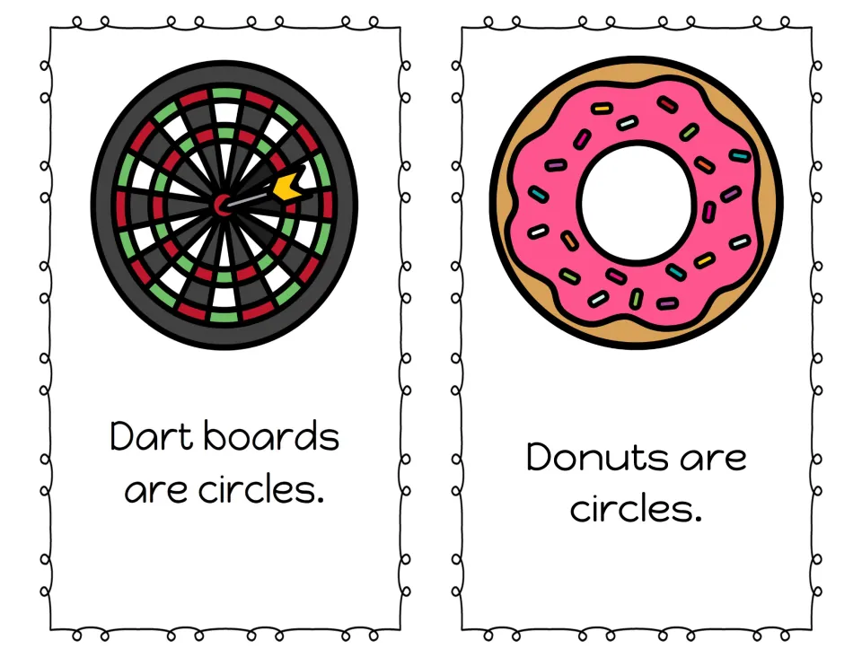 Circles around us: pages read 'Dart boards are circles.' and 'Donuts are circles.' with a dartboard and a donut