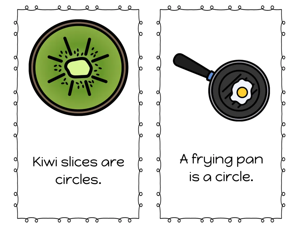 Finding circles in food and kitchen items: pages read 'Kiwi slices are circles.' and 'A frying pan is a circle.'