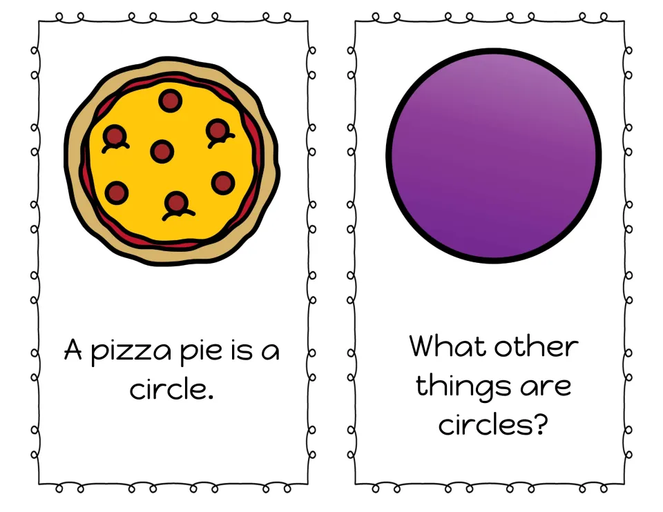 Circle recognition wrap-up: 'A pizza pie is a circle.' and a purple circle asking 'What other things are circles?'
