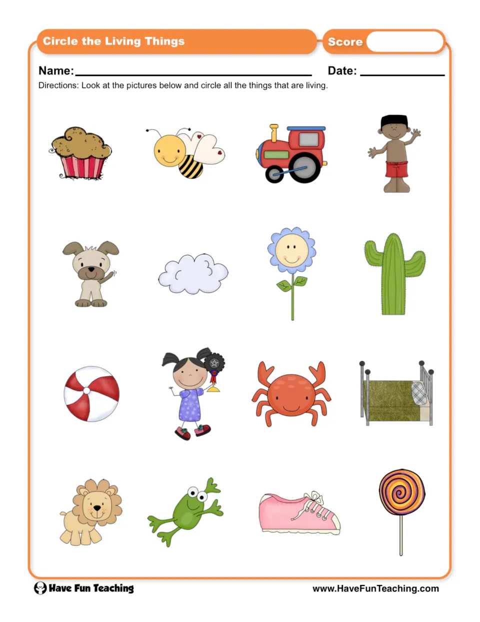 Living things identification worksheet: circle living things among 16 pictures, including a bee, dog, and cactus.