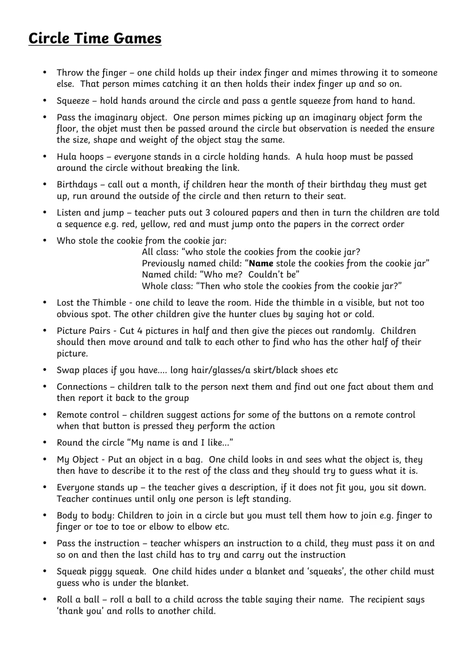 Circle time activity guide, page 1: imaginary object passing, Picture Pairs, My Object, and 16 more entries