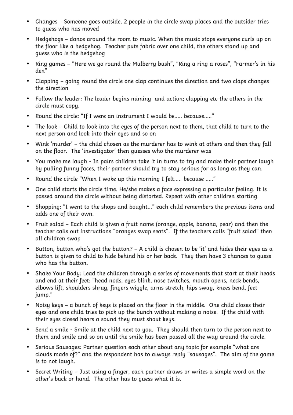 Circle time activity guide, page 2: Follow the Leader, Fruit Salad, Secret Writing, and 16 more entries