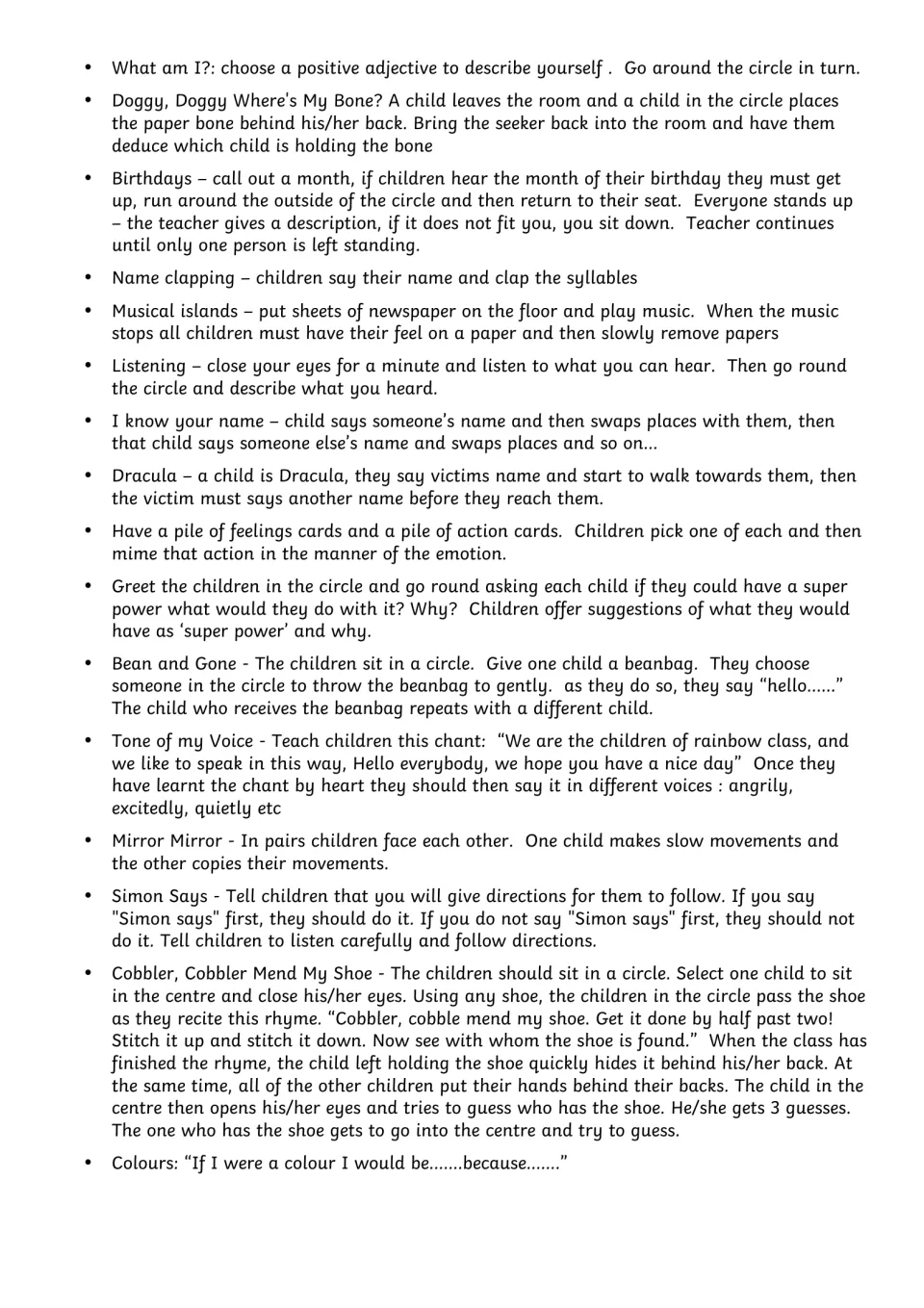 Circle time activity guide, page 3: name clapping, Musical Islands, Mirror Mirror, and 13 more entries