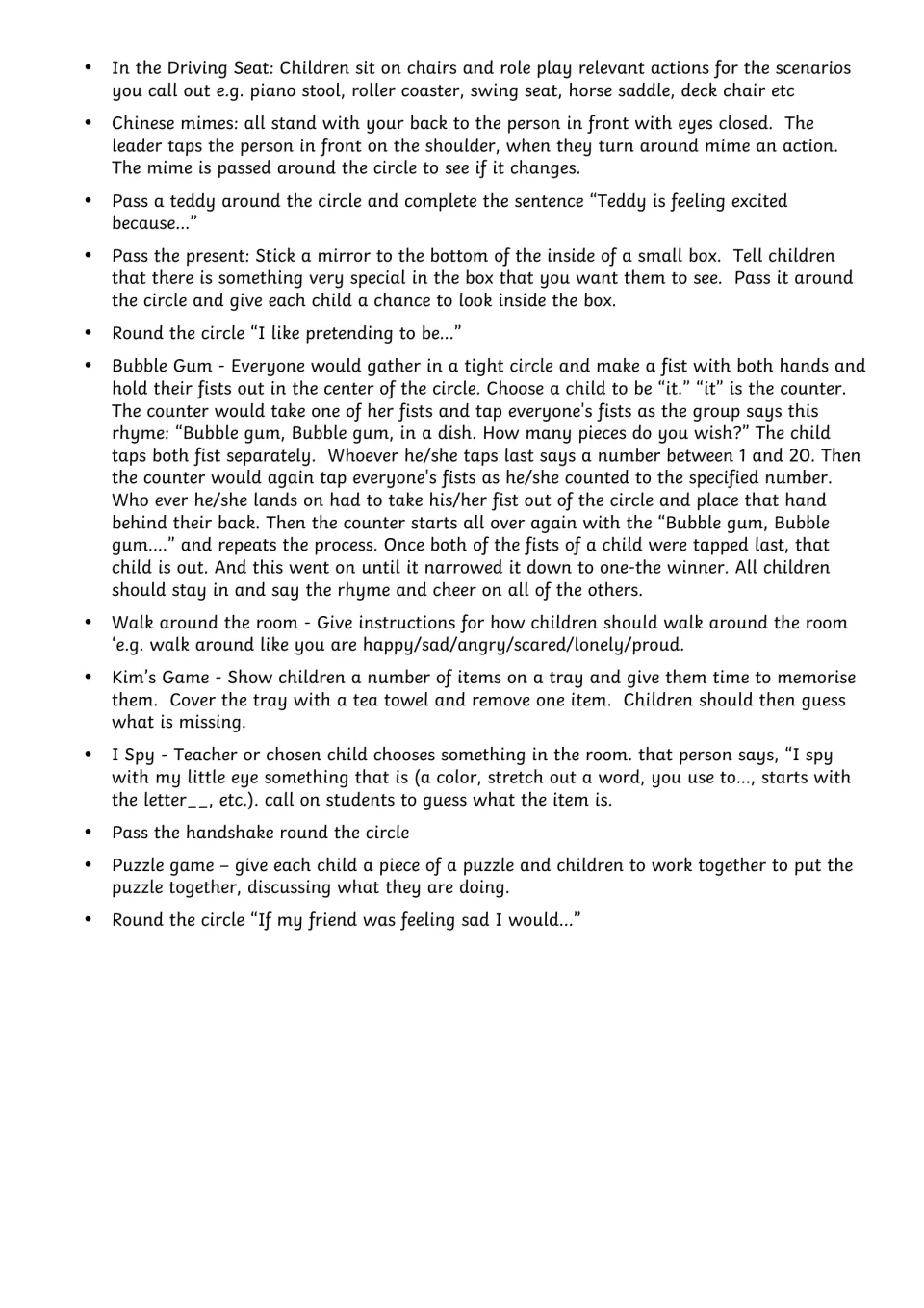 Circle time activity guide, page 4: In the Driving Seat, Bubble Gum, Kim’s Game, and nine more entries