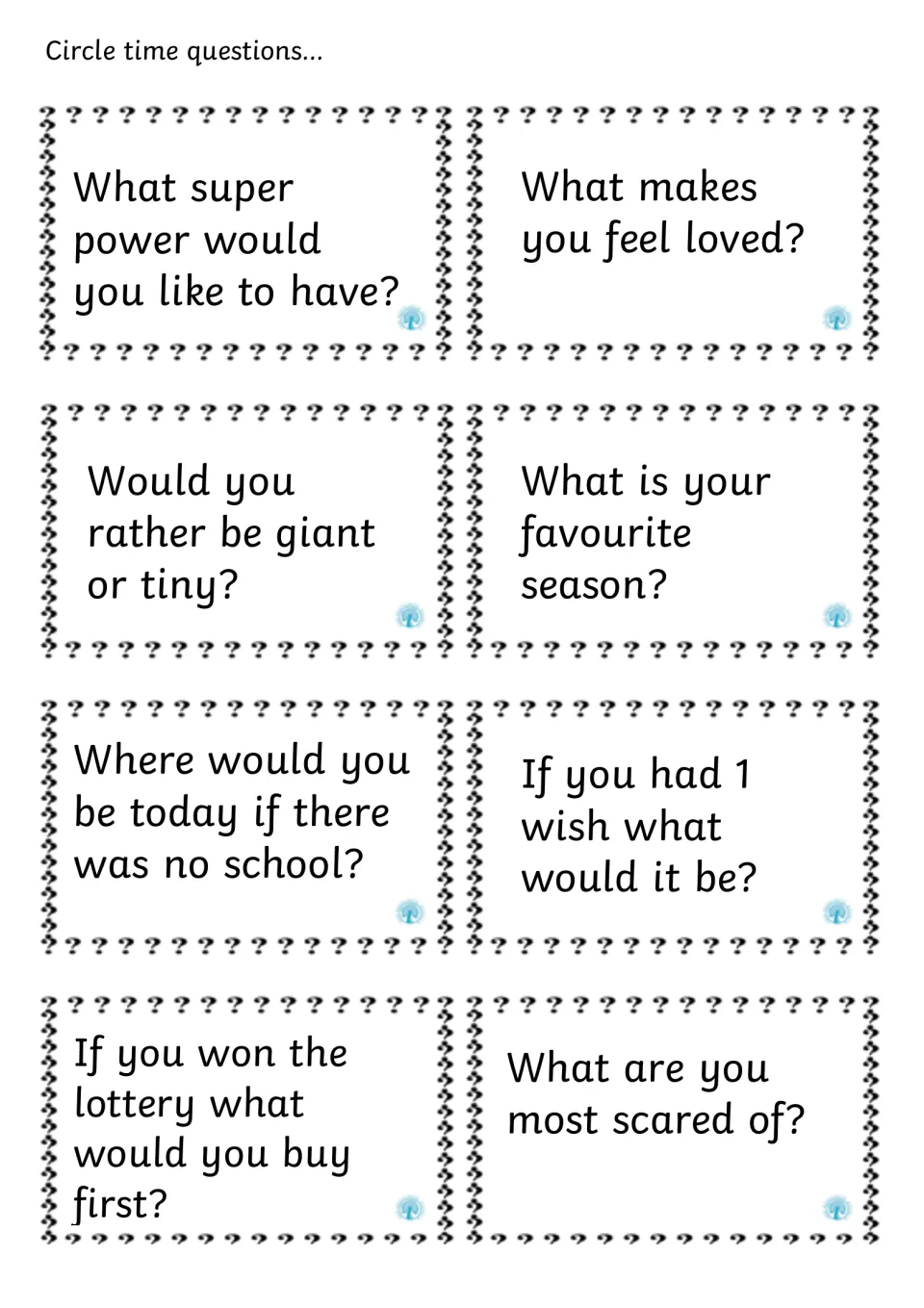 Eight discussion question cards: students answer prompts on superpowers, feeling loved, giant or tiny and a lottery win