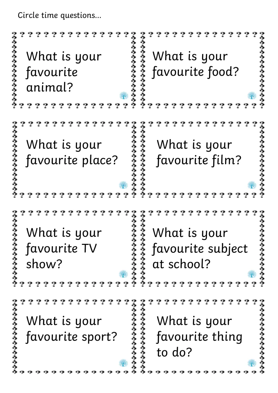 Favourites question cards: students share their favourite animal, food, place, film, TV show, sport and school subject