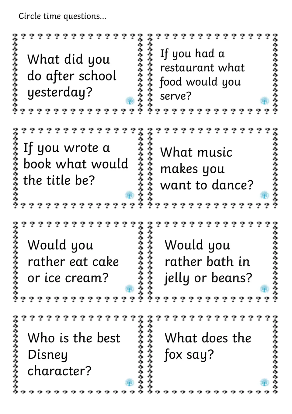 Talking cards: students choose a restaurant menu, a book title, dance music, cake or ice cream and the best Disney character