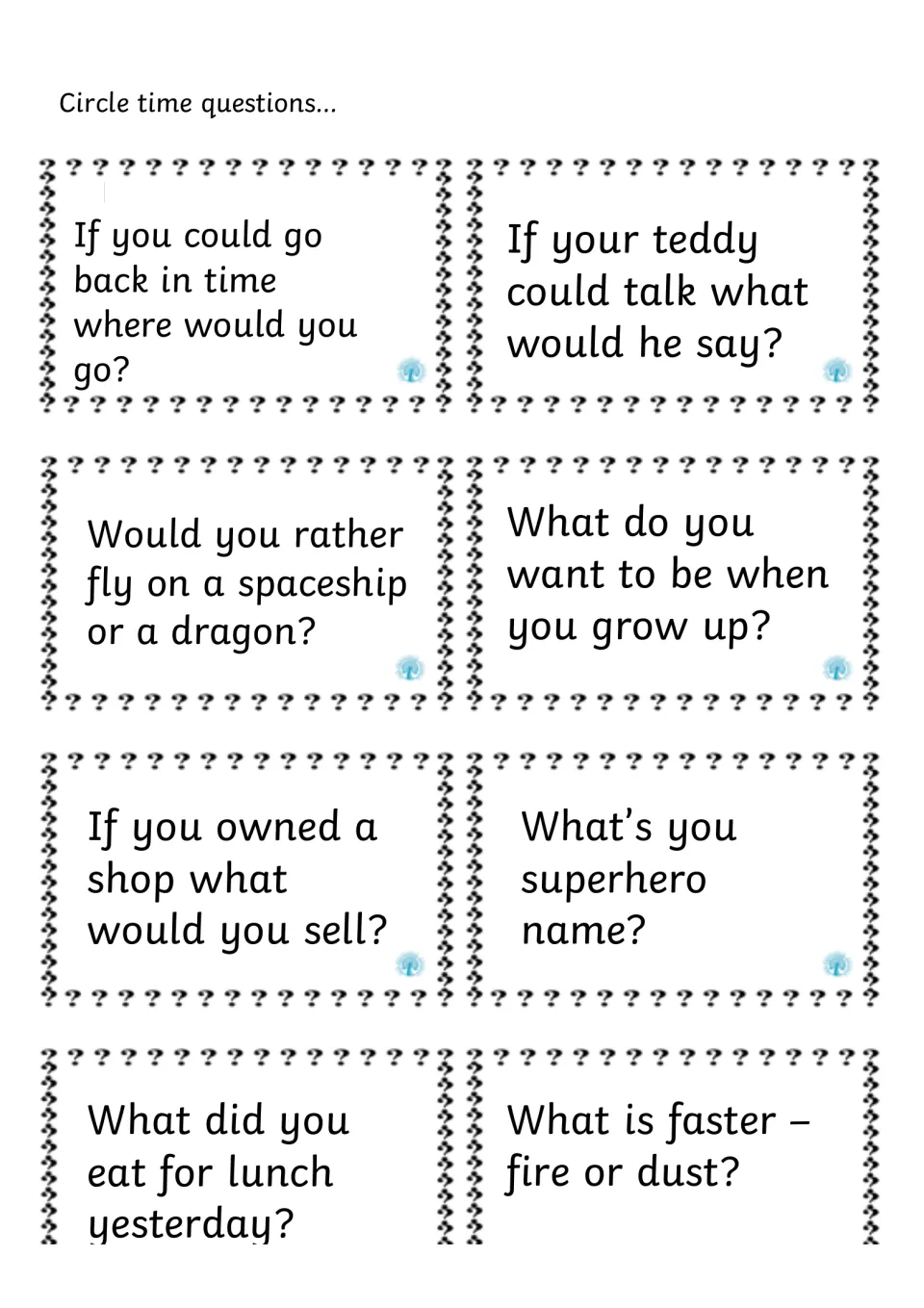 Imagination prompts: students answer cards on time travel, a talking teddy, spaceship or dragon, a shop and a superhero name