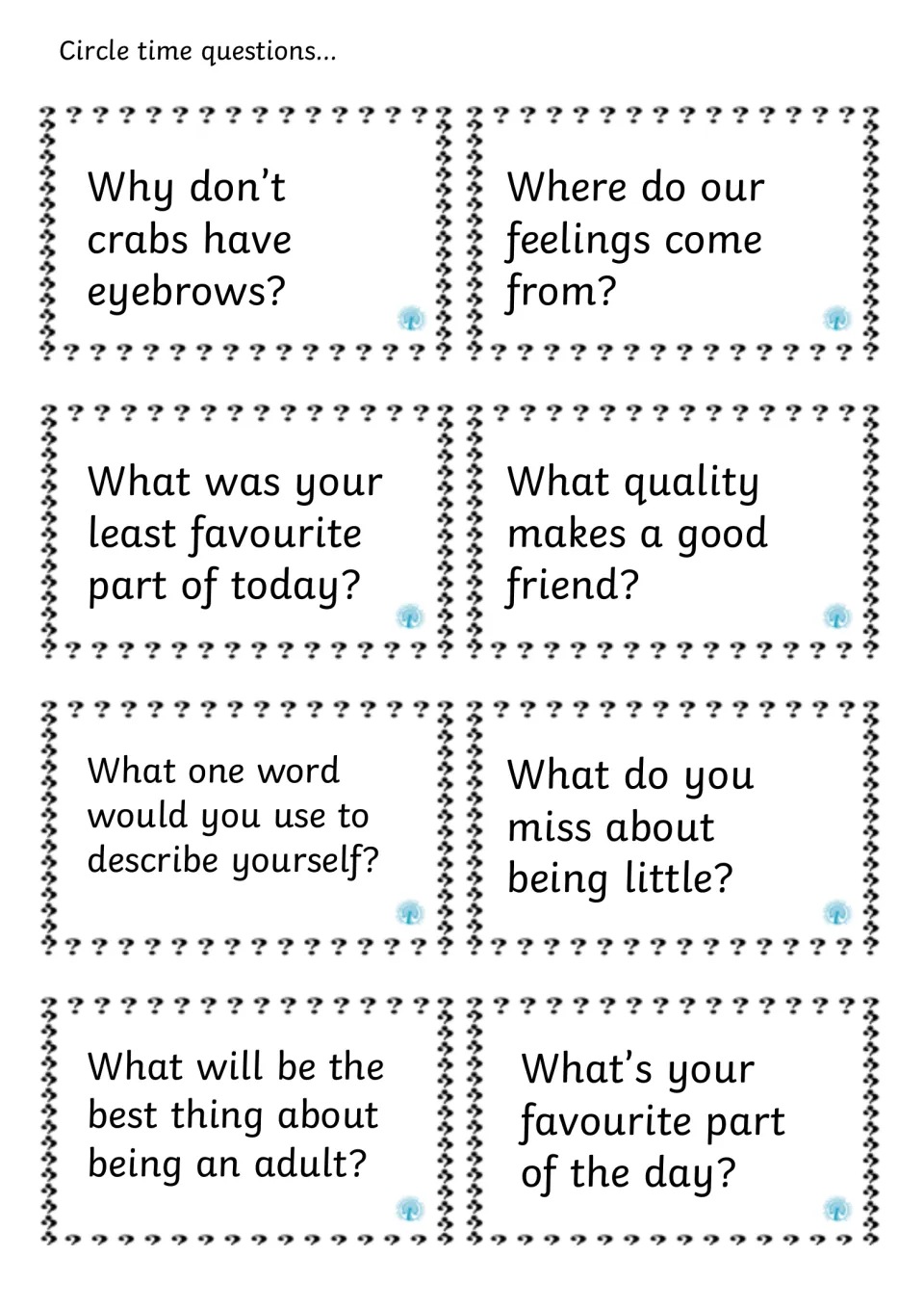 Reflective cards: students discuss where feelings come from, what makes a good friend and one word to describe themselves