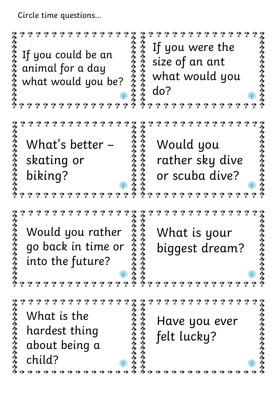 Would-you-rather cards: students pick sky dive or scuba dive, skating or biking, past or future, and share a biggest dream