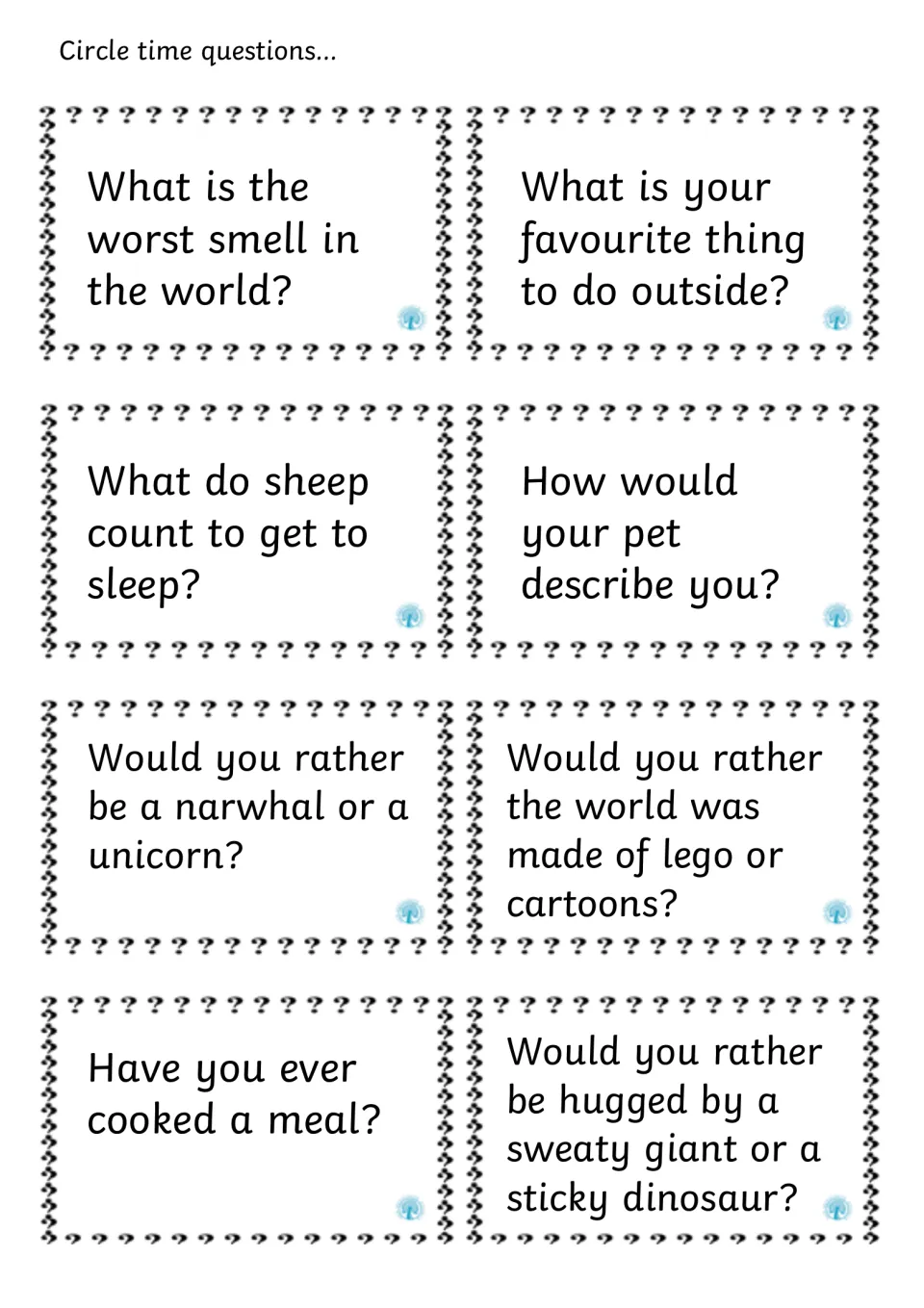 Silly speaking cards: the worst smell, what sheep count, how a pet describes you, narwhal or unicorn and a sweaty giant hug