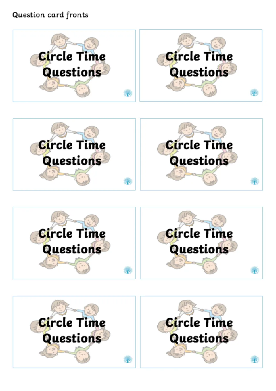 Question card fronts: eight matching cards titled Circle Time Questions, each showing children holding hands in a ring