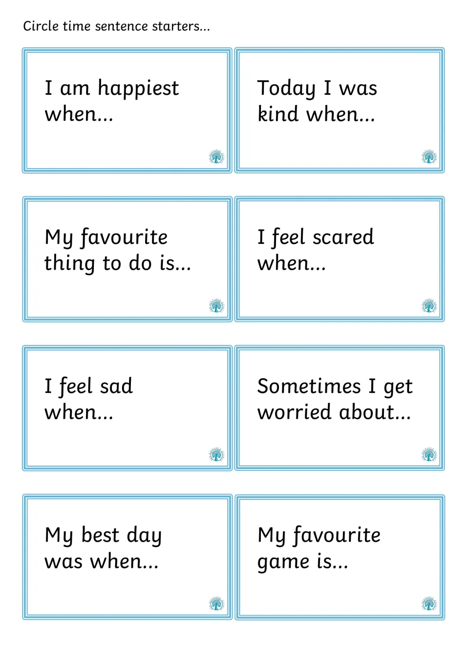Feelings sentence starters: students finish prompts like I am happiest when, I feel scared when, I feel sad when