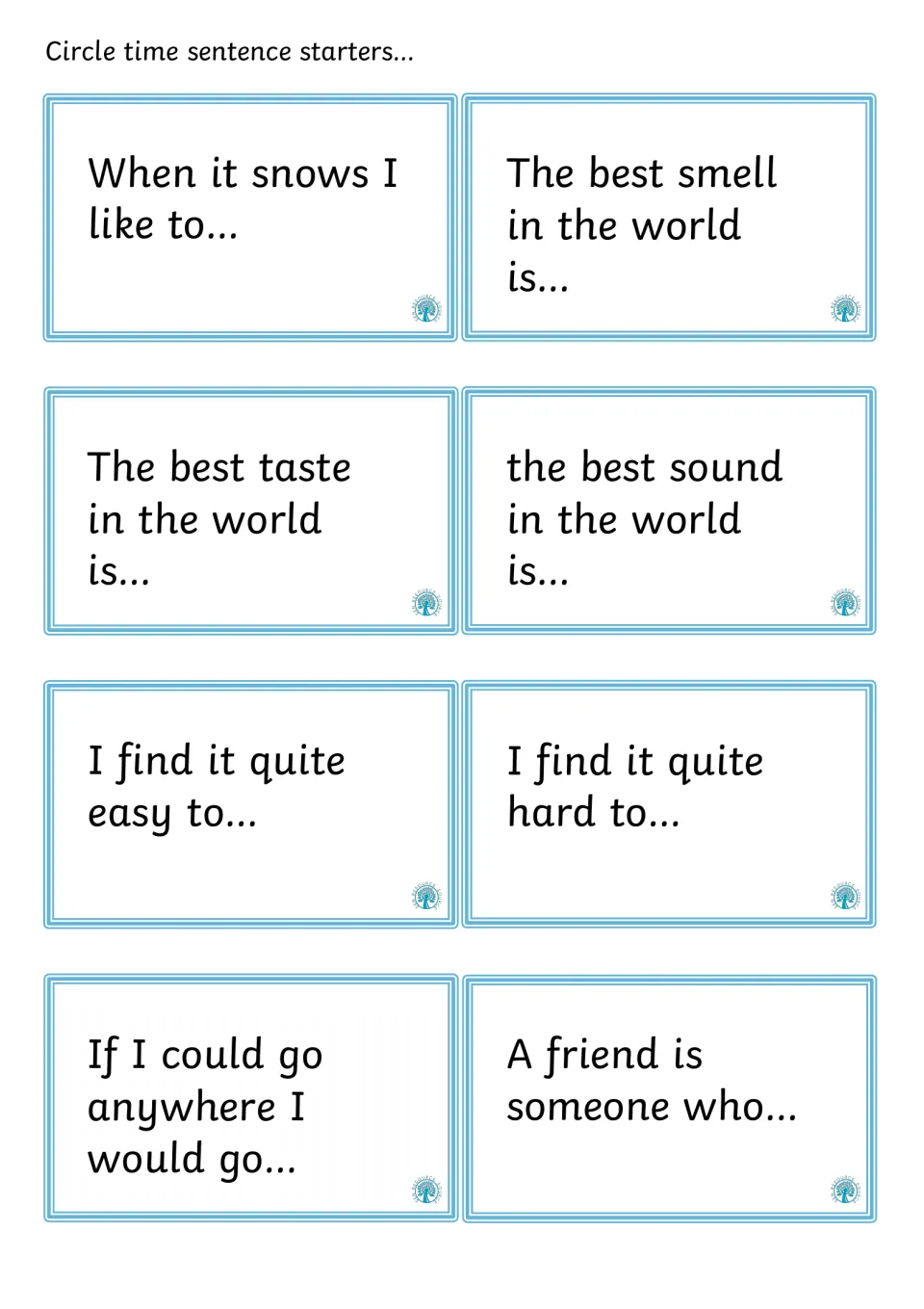 Senses and friendship starters: students answer prompts like The best smell in the world is and A friend is someone who