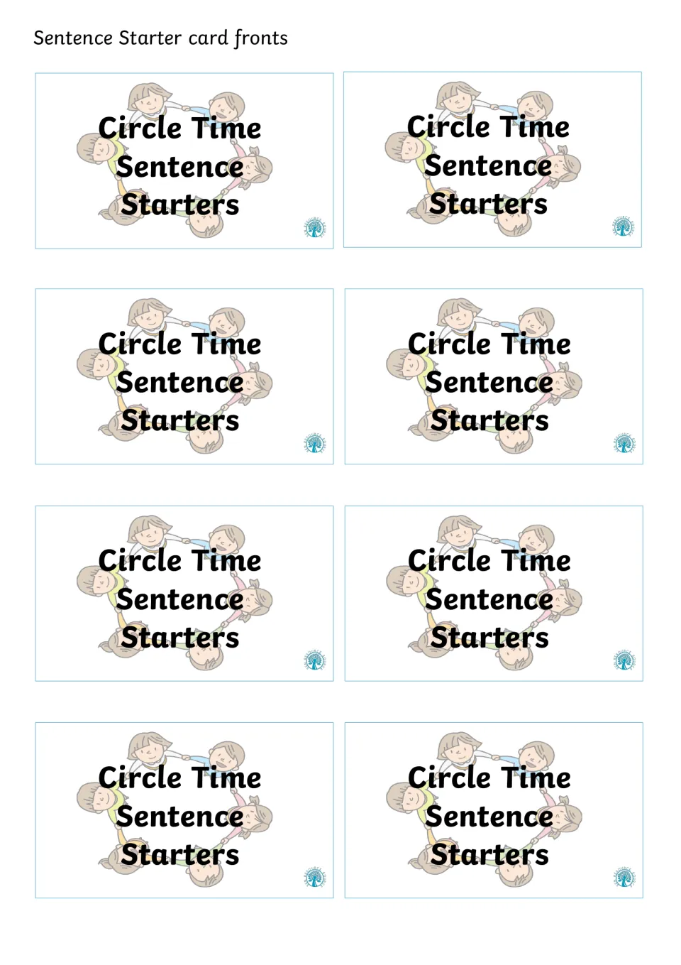 Card fronts: 8 identical cards titled Circle Time Sentence Starters over a drawing of children holding hands in a ring