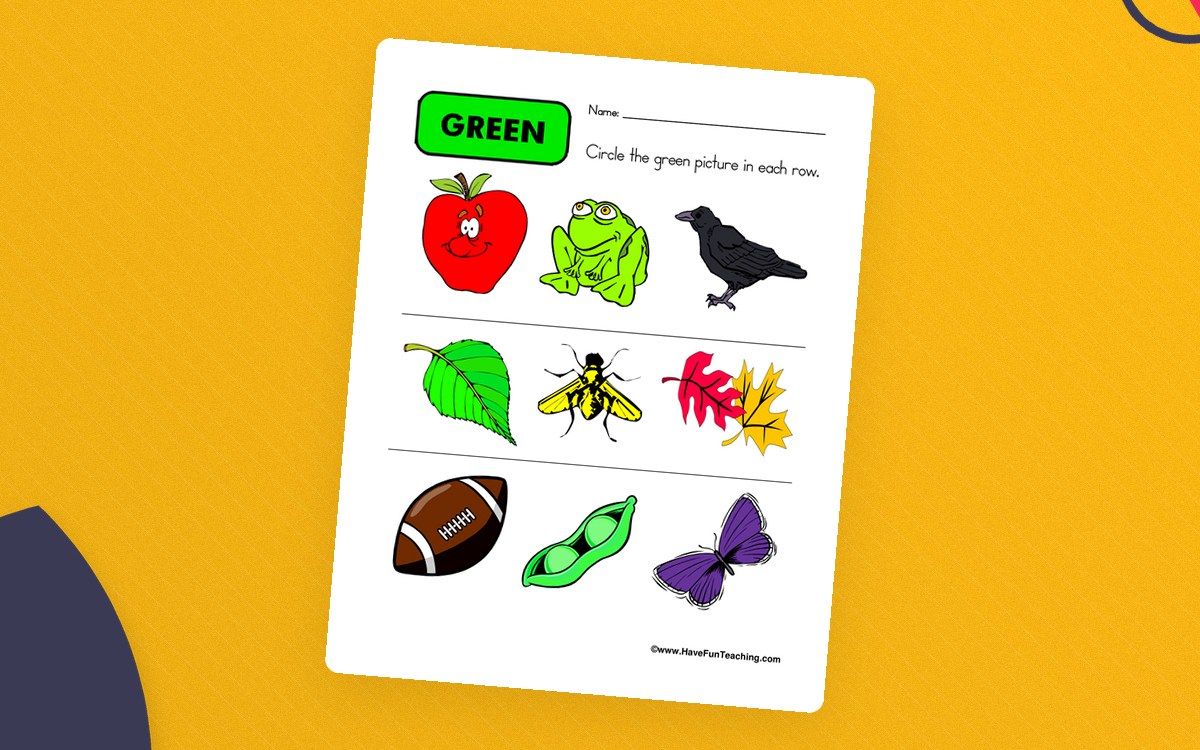 Green worksheet with rows of pictures and directions to circle the green picture.