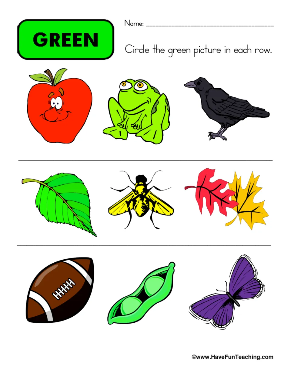 Color green recognition: students circle the green picture in each of 3 rows, such as a frog, a leaf and a pea pod