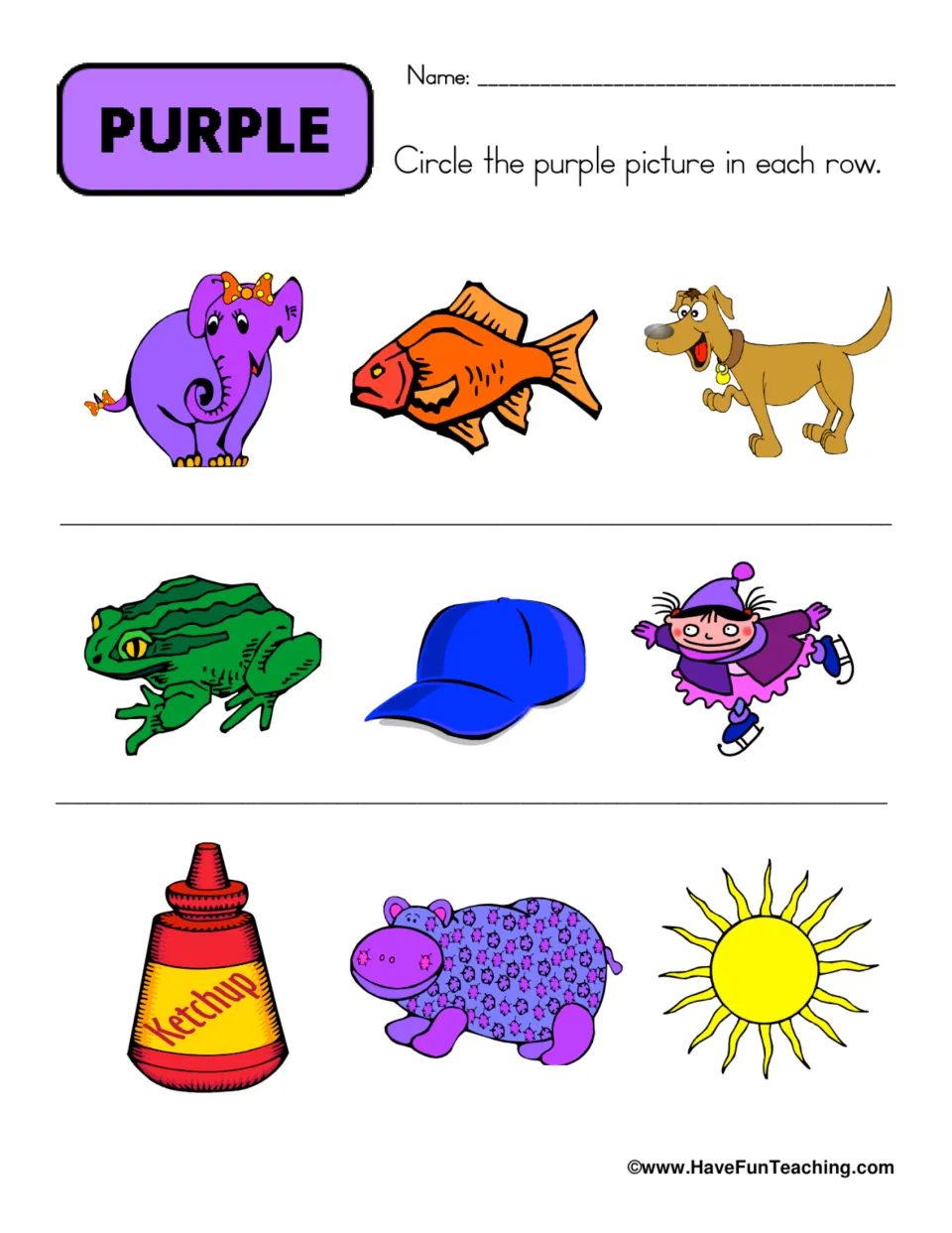 Color identification worksheet: circle the purple elephant, ice skater, and hippo in three rows of pictures.