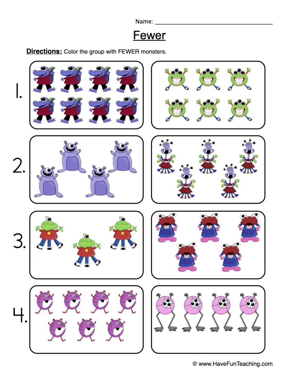 Fewer worksheet: color the smaller monster group in four comparisons: 8 vs. 6, 4 vs. 5, 3 vs. 5, and 7 vs. 4.