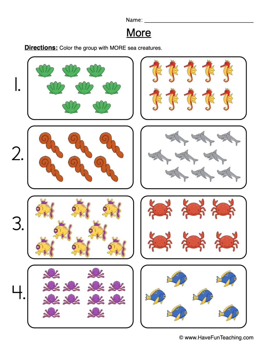 More comparison worksheet: color the larger sea creature group in each of four pairs, including fish and crabs.
