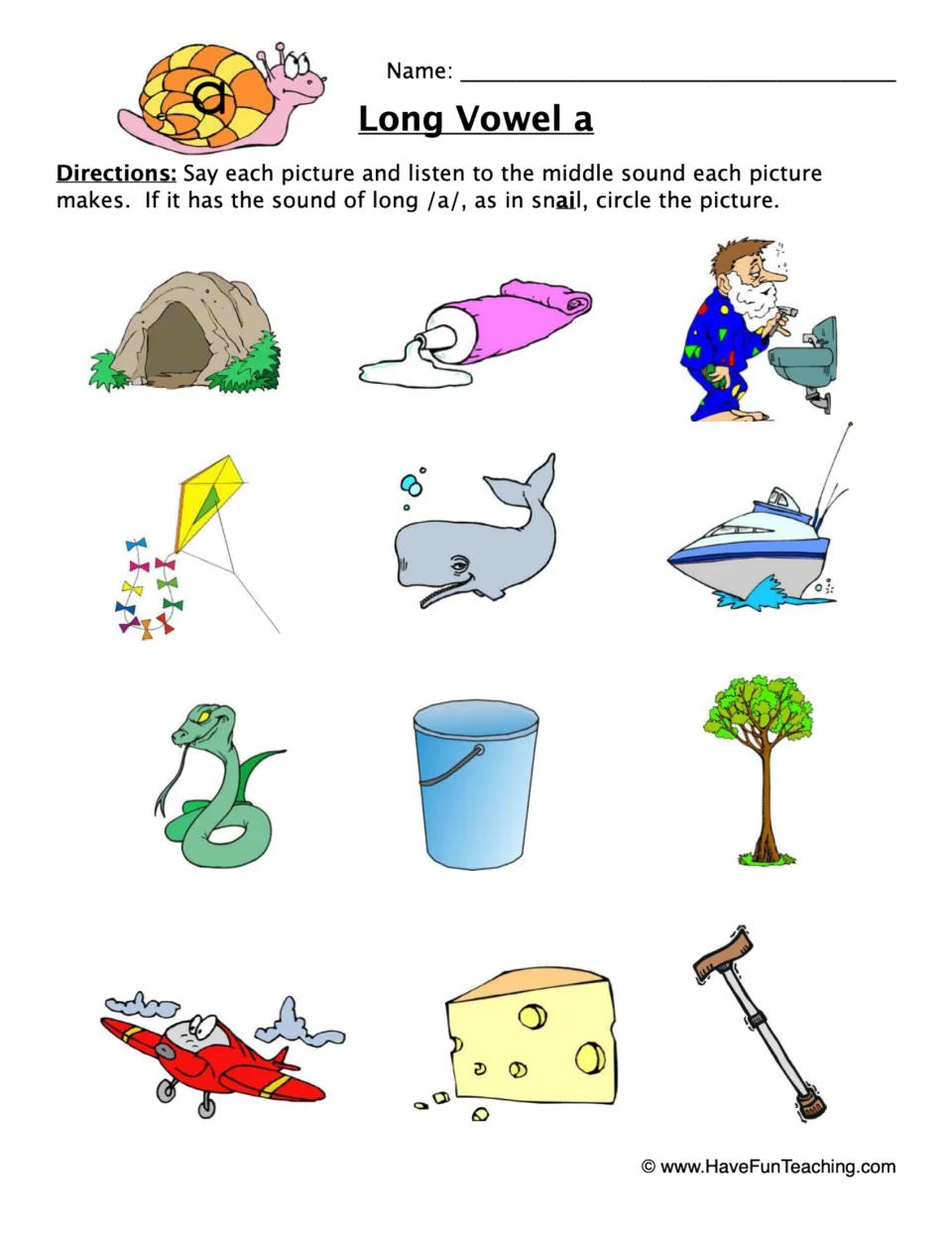 Long Vowel a: students say 12 pictures, such as cave, whale, kite and snake, and circle each one with the long /a/ sound