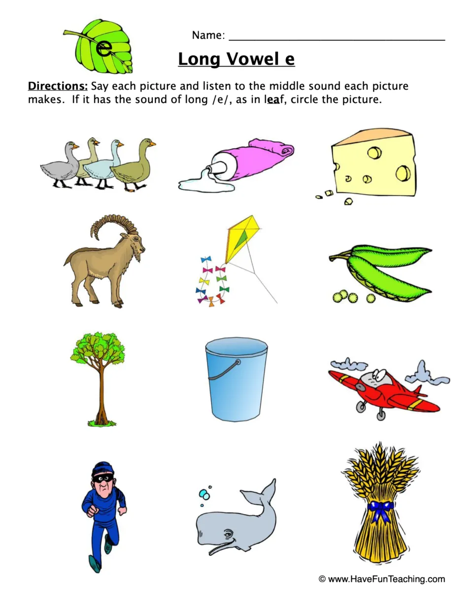 Long E sound worksheet: circle pictures with the vowel sound in leaf, including geese, cheese, and peas.