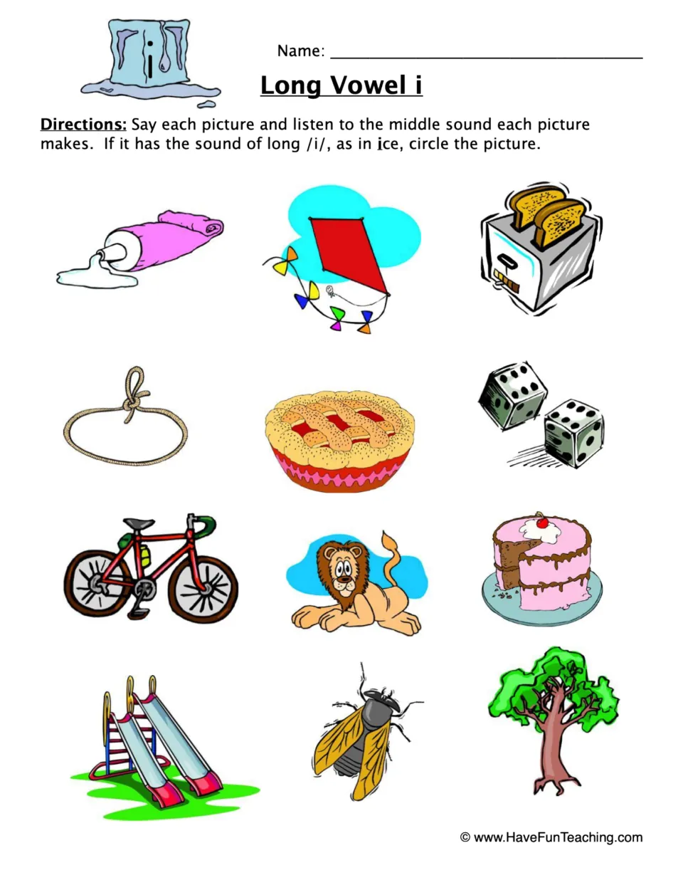 Long i sound practice: circle pictures with the sound in ice among 12 images, including a kite, pie, and bike.