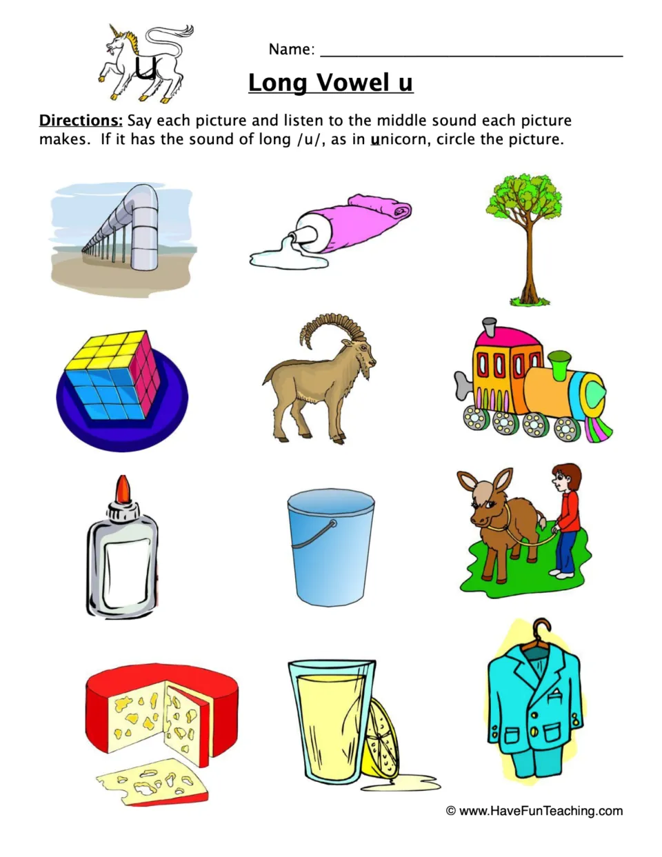Long Vowel u: students say 12 pictures such as cube, glue and mule and circle each one with a long /u/ middle sound
