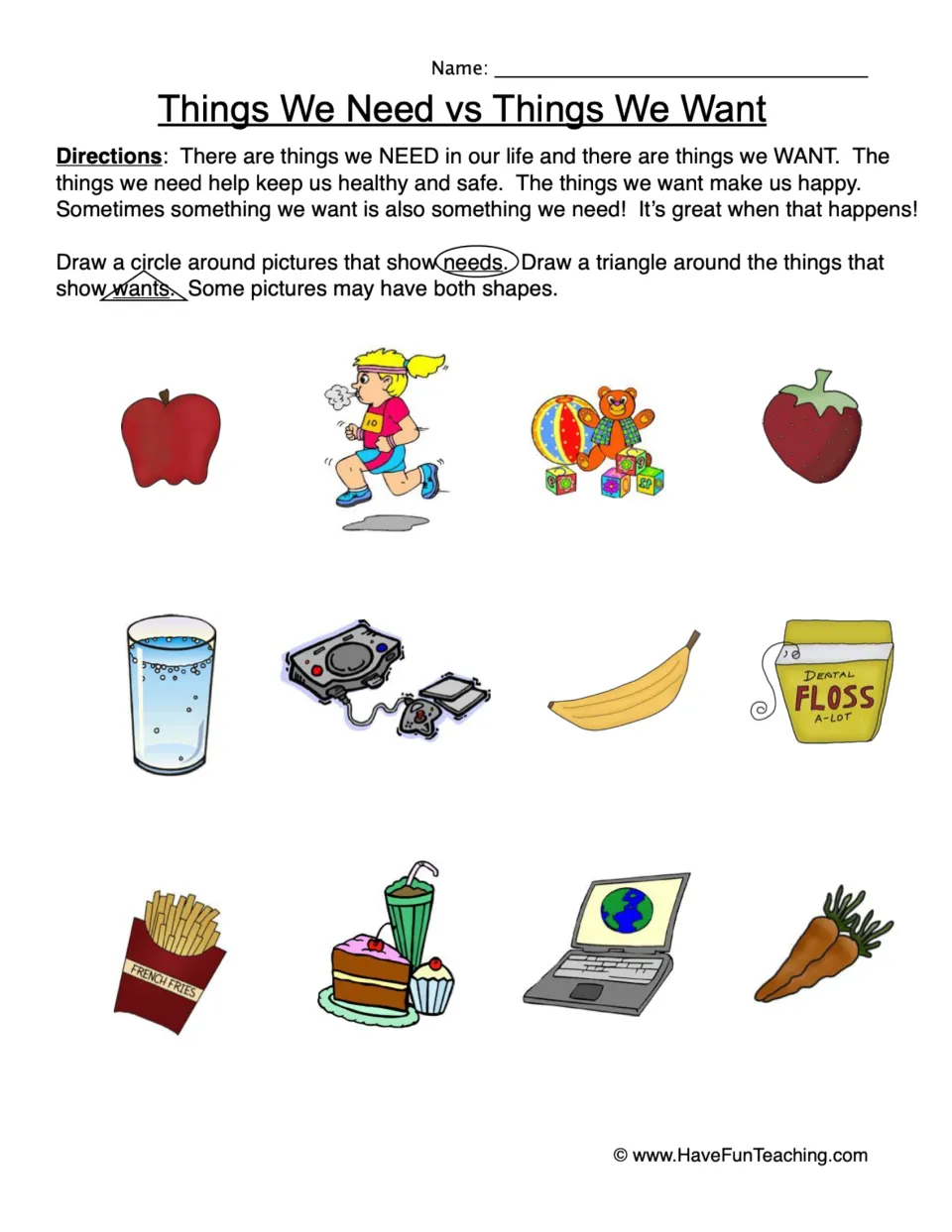 Things We Need vs Things We Want: students circle needs and draw triangles around wants in 12 pictures