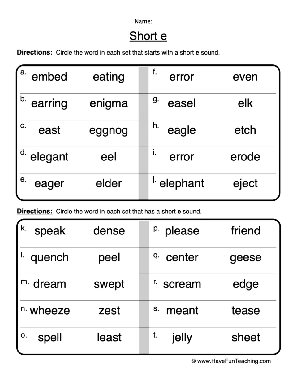 Short e practice sheet: 20 word pairs, including embed/eating and speak/dense, to identify the short e sound