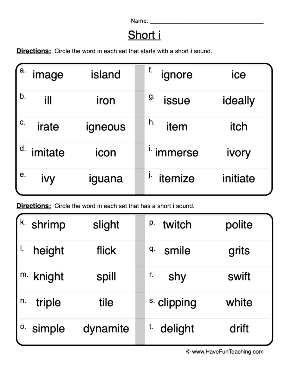 Short i sound: students circle the word in 20 pairs that starts with or contains short i, such as ill vs. iron