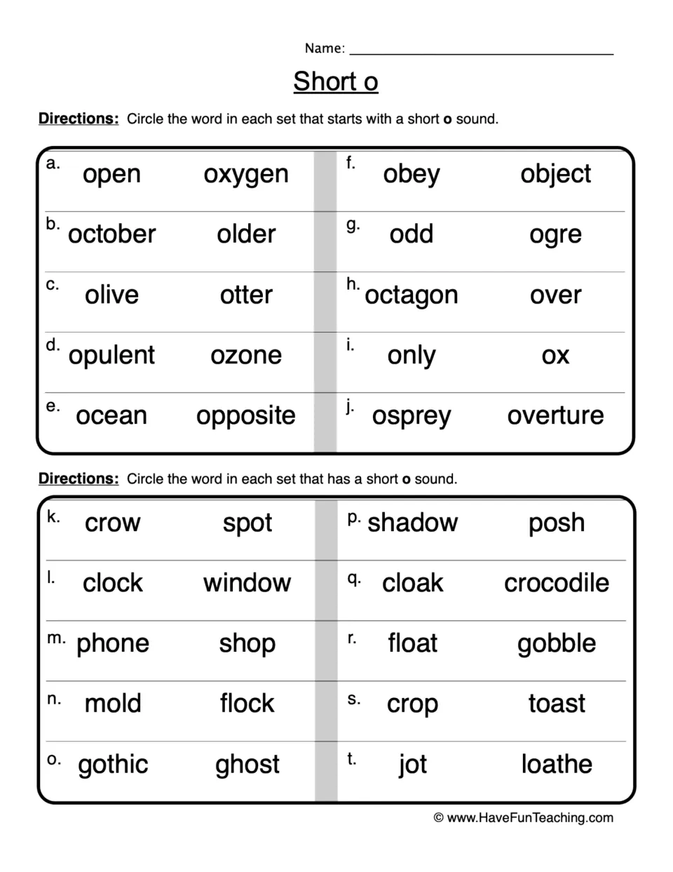 Short o practice sheet: circle words that begin with or contain short o, including oxygen, ox, spot and jot