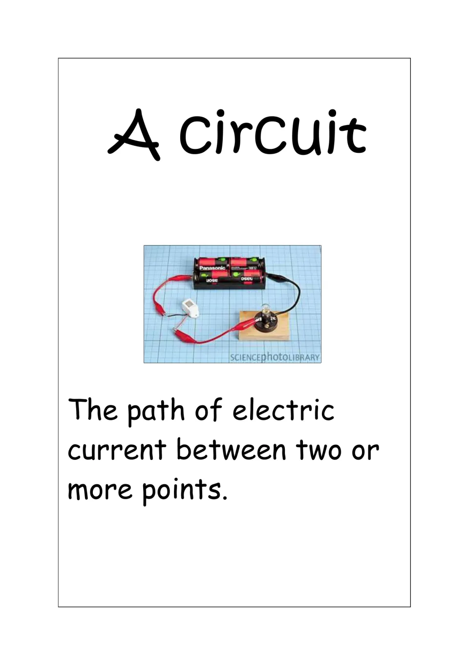 Circuit vocabulary card: photo of a battery pack wired to a bulb, defined as the path of electric current