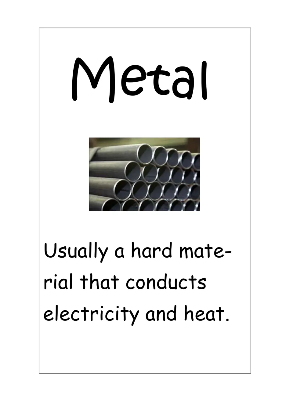 Metal vocabulary card: photo of stacked pipes, defined as usually a hard material that conducts electricity and heat