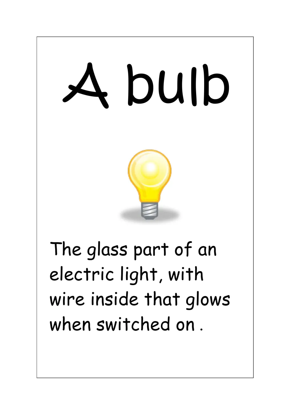 Bulb vocabulary card: yellow light bulb, defined as the glass part of an electric light with wire inside that glows