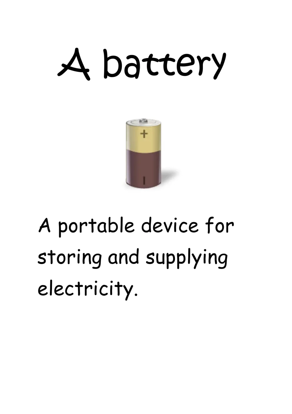 Battery vocabulary card: cell marked + and -, defined as a portable device for storing and supplying electricity
