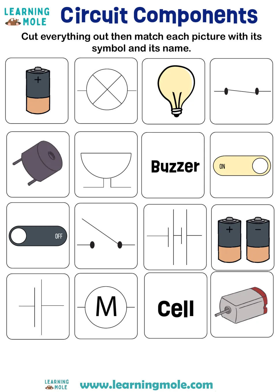 Circuit components matching: students cut out cards and match pictures of a bulb, cell, buzzer and motor to symbols